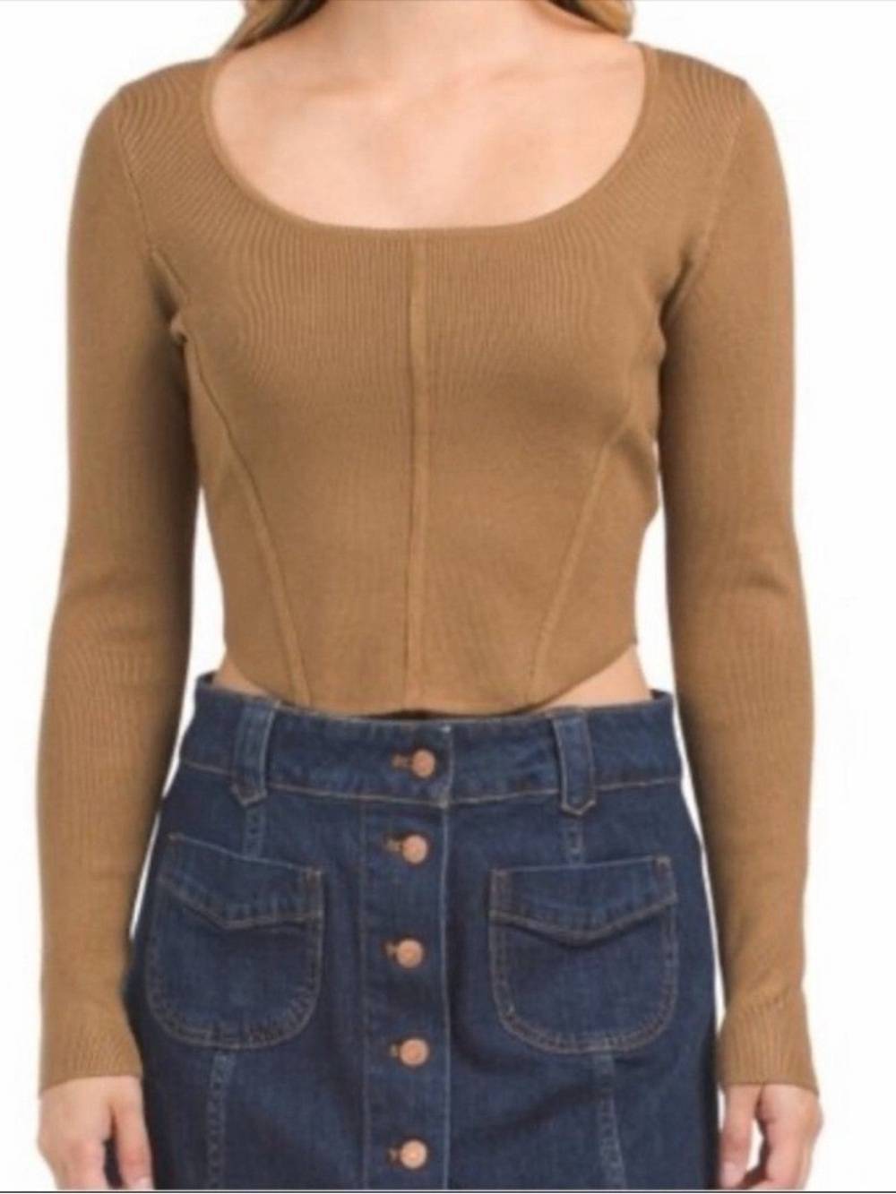 House of Harlow 1960 Ribbed Scoop Neck Long Sleeve Crop Top - Camel